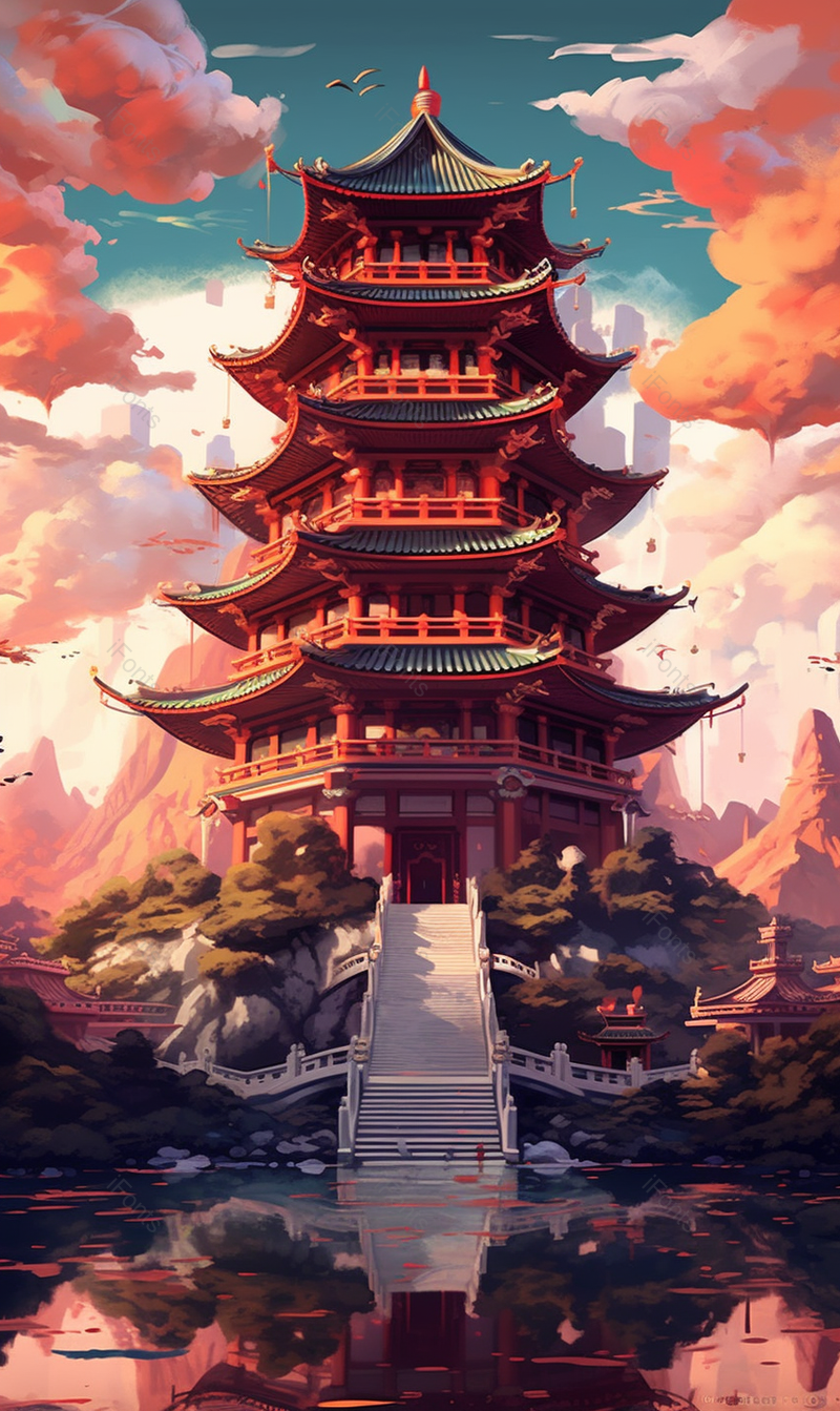 祥云国潮风风景楼阁插画背景,插画/手绘图,插画/手绘图库,插画/手绘图下载,插画/手绘